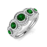Green Emerald Diamond Five Stone Halo Ring for Women