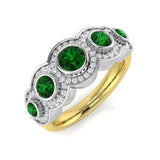 Green Emerald Diamond Five Stone Halo Ring in Gold