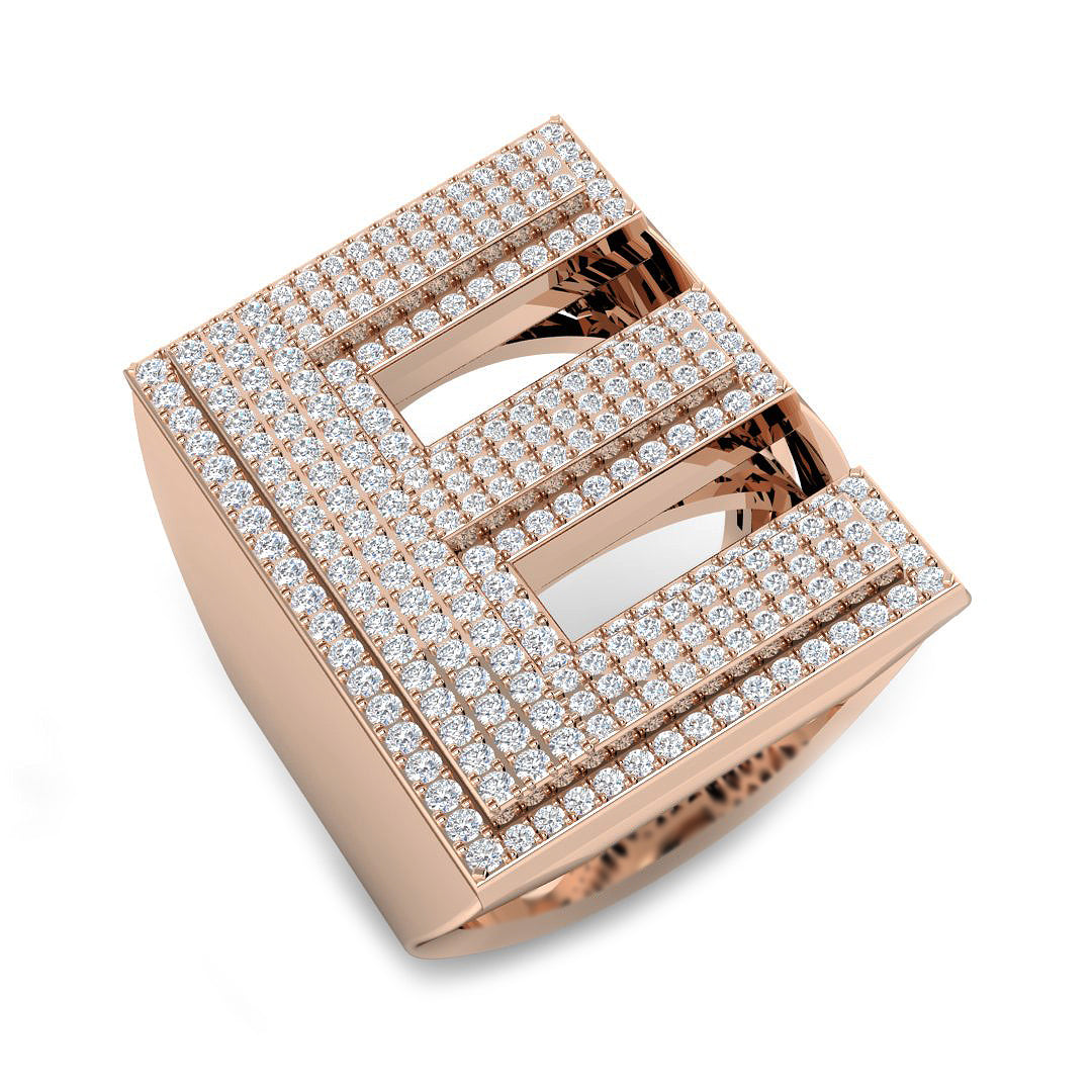 1.23 Carat Round Diamond Block Letter E Cluster Pavé Statement Initial Ring