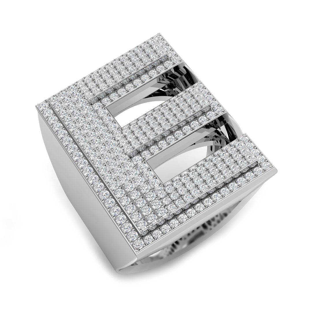 1.23 Carat Round Diamond Block Letter E Cluster Pavé Statement Initial Ring