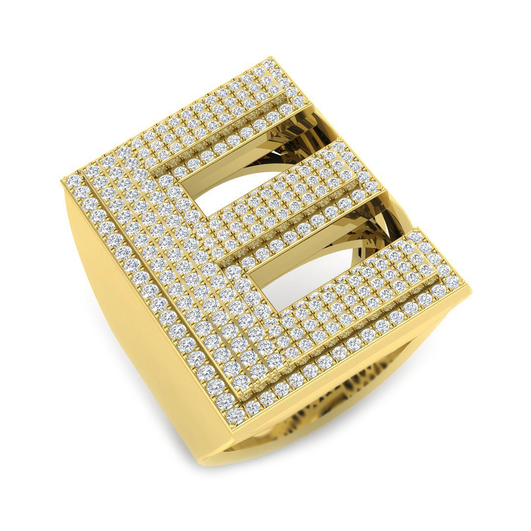 1.23 Carat Round Diamond Block Letter E Cluster Pavé Statement Initial Ring