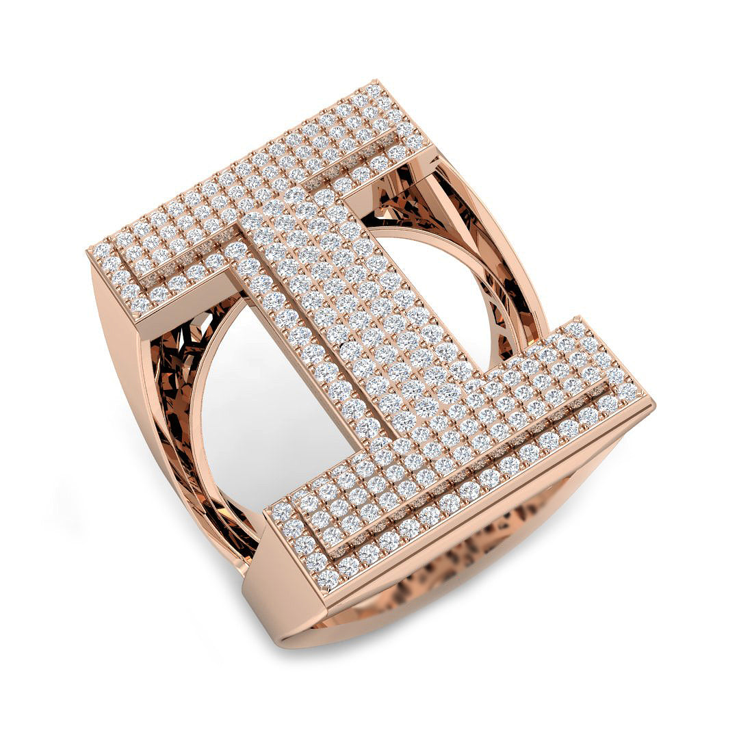 1.00 Carat Round Diamond Block Letter I Cluster Pavé Statement Initial Ring