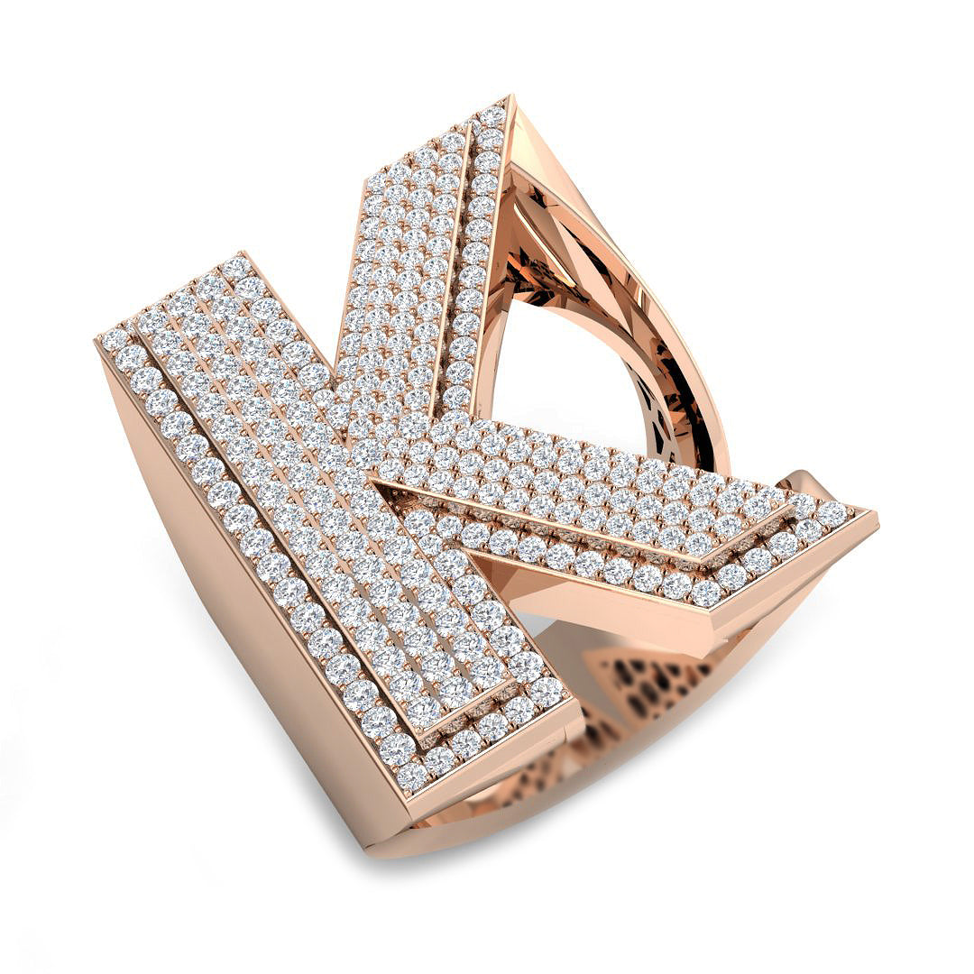 1.13 Carat Round Diamond Block Letter K Cluster Pavé Statement Initial Ring