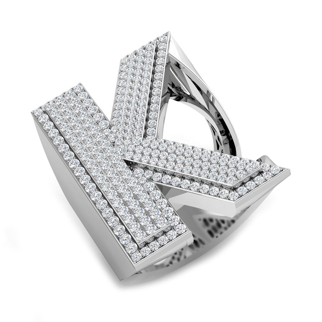 1.13 Carat Round Diamond Block Letter K Cluster Pavé Statement Initial Ring