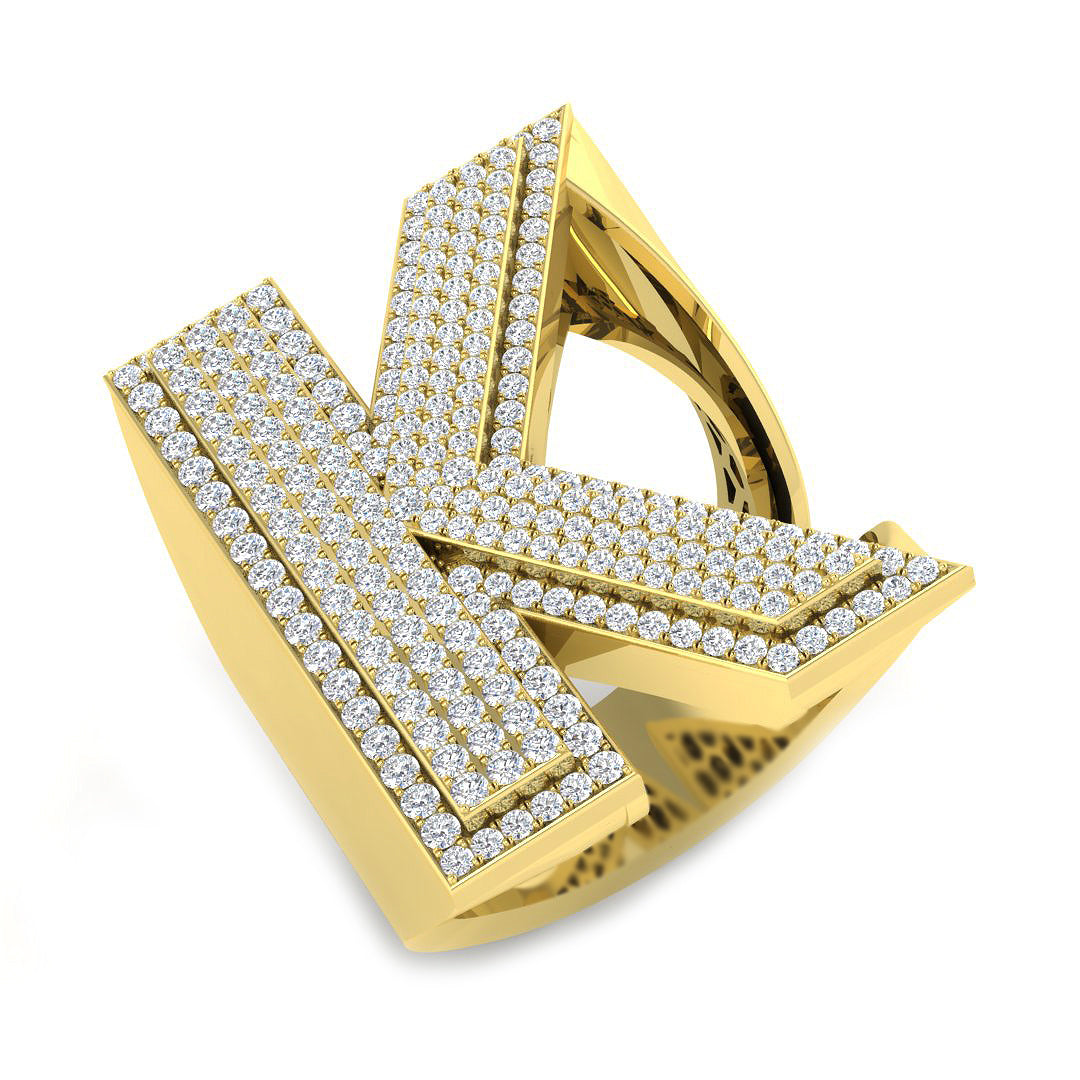 1.13 Carat Round Diamond Block Letter K Cluster Pavé Statement Initial Ring