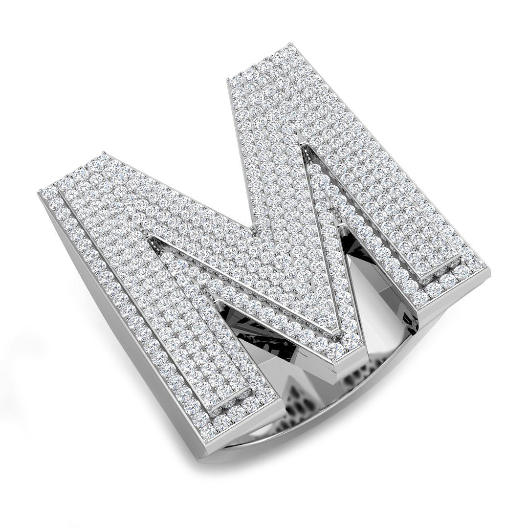 1.42 Carat Round Diamond Block Letter M Cluster Pavé Statement Initial Ring