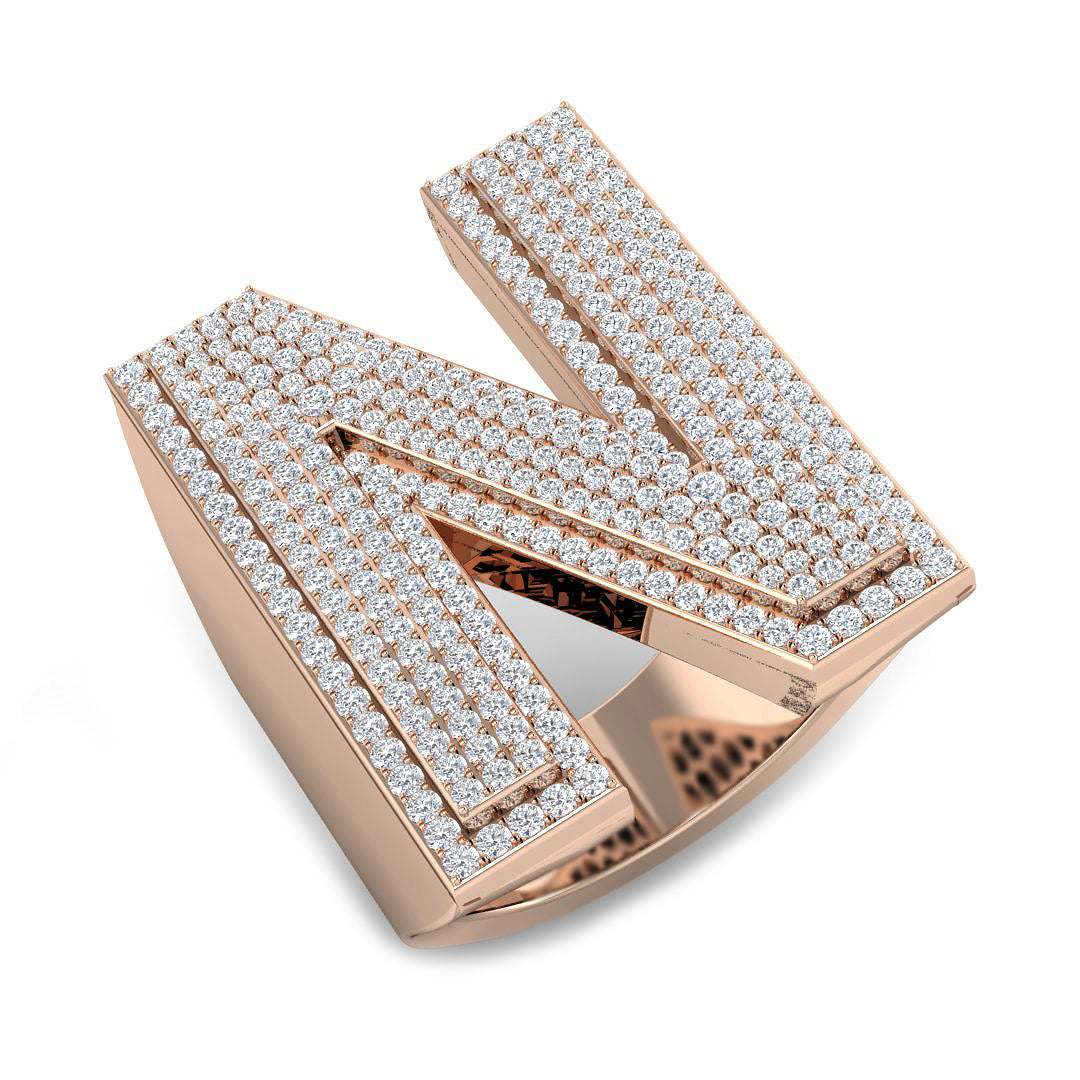 1.28 Carat Round Diamond Block Letter N Cluster Pavé Statement Initial Ring