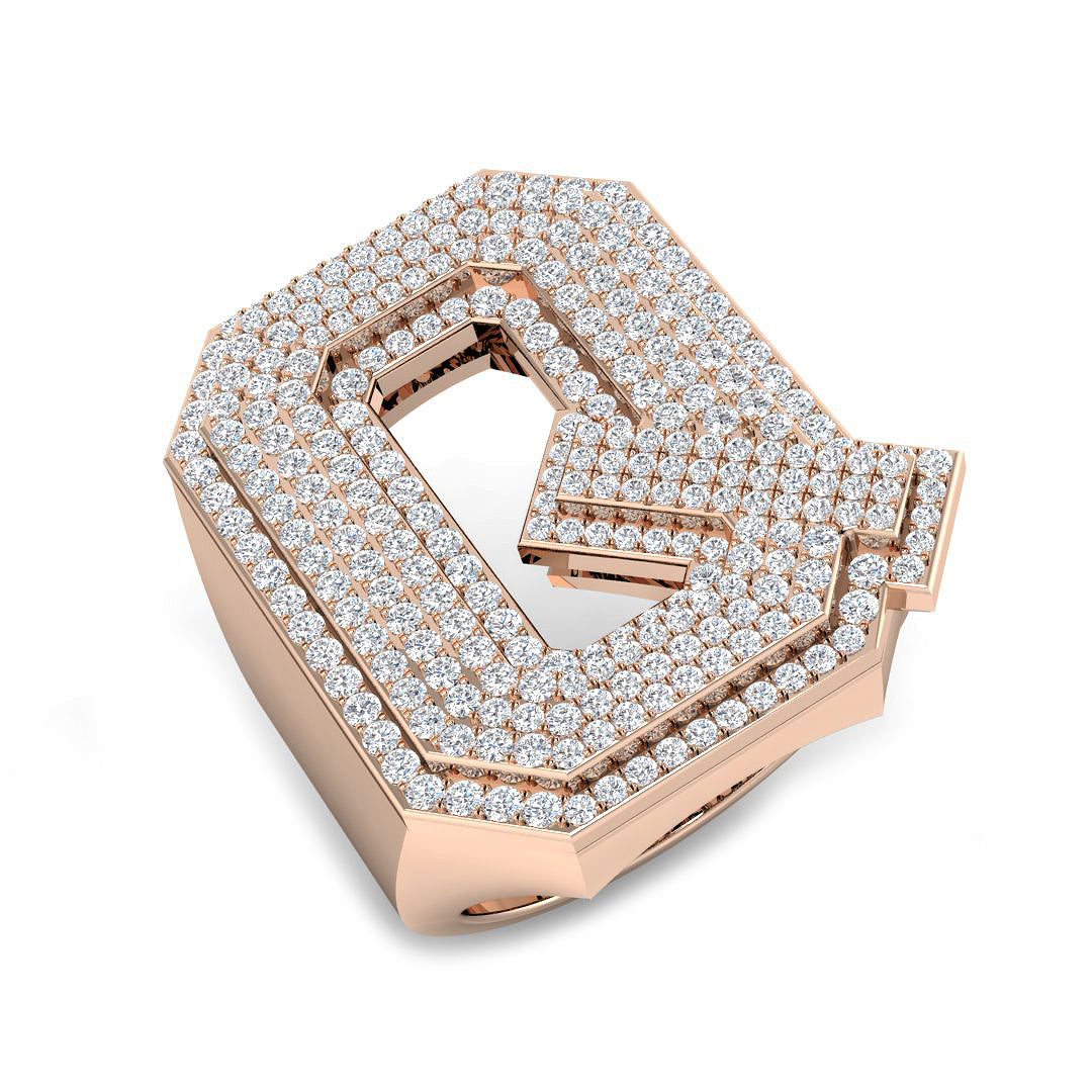 1.24 Carat Round Diamond Block Letter Q Cluster Pavé Statement Initial Ring