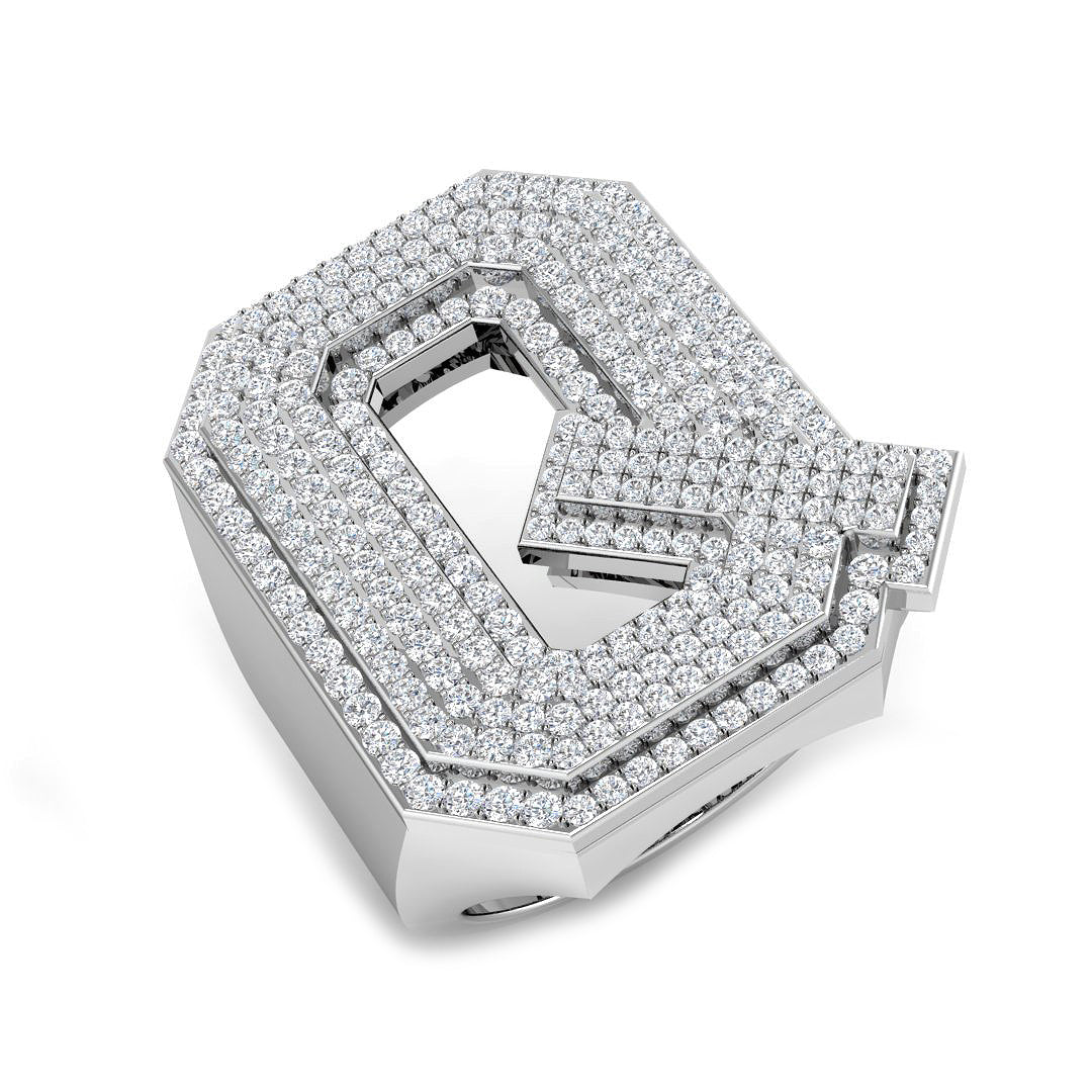 1.24 Carat Round Diamond Block Letter Q Cluster Pavé Statement Initial Ring