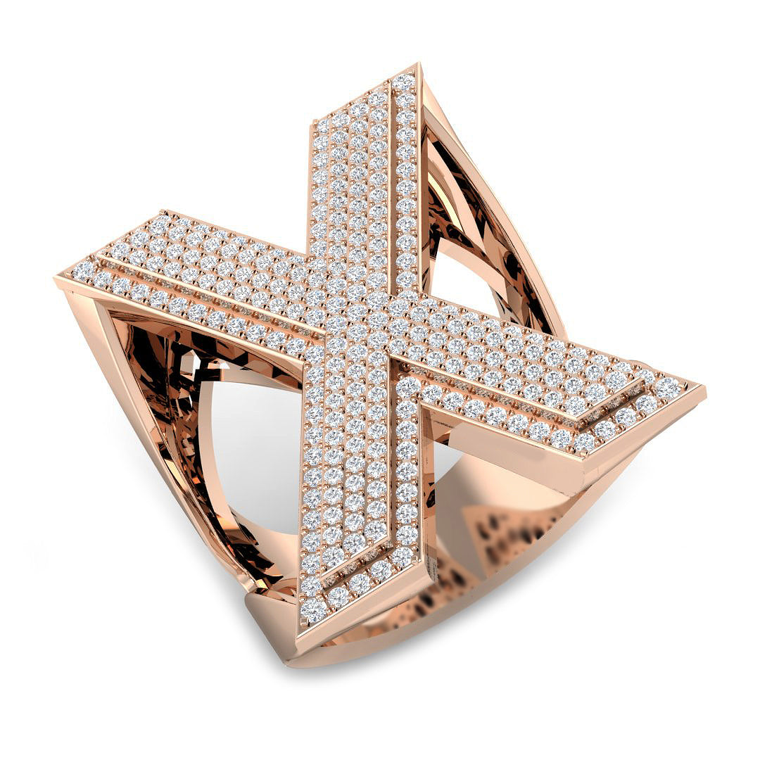 0.96 Carat Round Diamond Block Letter X Cluster Pavé Statement Initial Ring