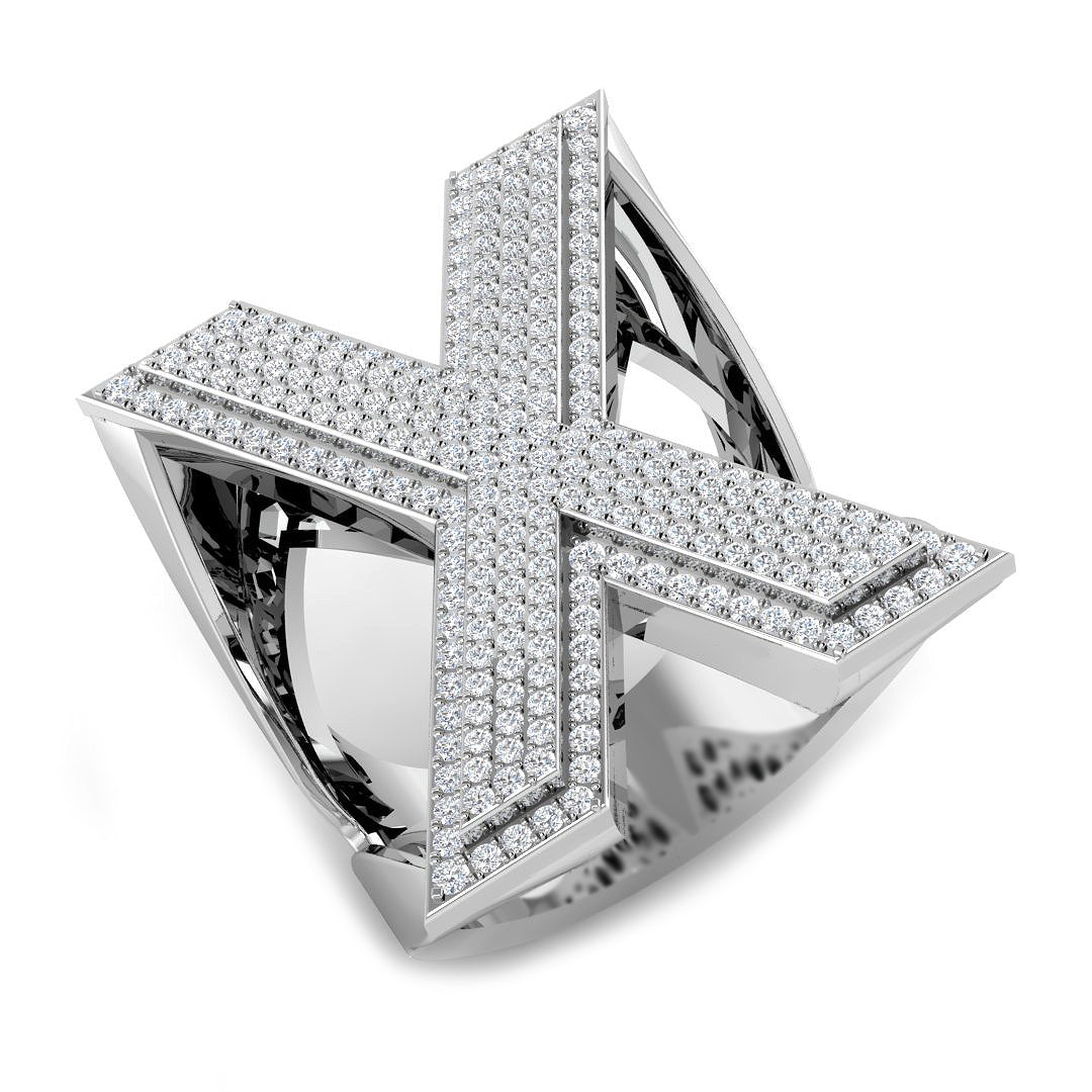 0.96 Carat Round Diamond Block Letter X Cluster Pavé Statement Initial Ring