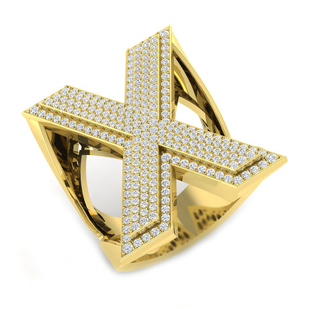 0.96 Carat Round Diamond Block Letter X Cluster Pavé Statement Initial Ring
