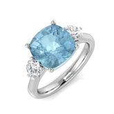 Cushion Cut Aquamarine Three Stone Ring in White Gold