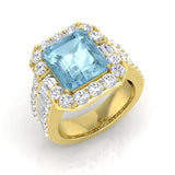 Yellow Gold Emerald Cut Aquamarine Ring with Natural Side Stones
