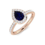 Pear Cut Blue Sapphire Halo Ring with Natural Round Diamond Pave Band