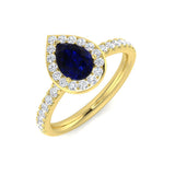 Pear Cut Blue Sapphire Halo Ring with Natural Round Diamond Pave Band