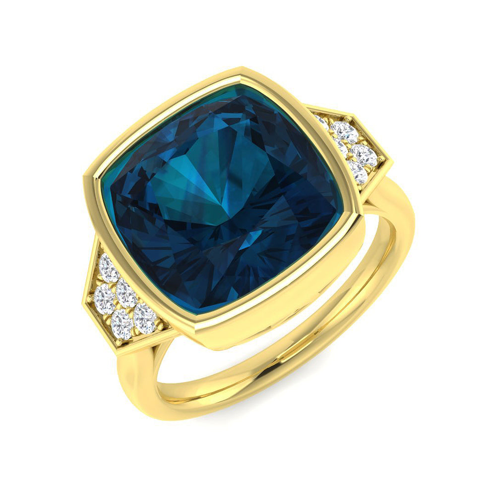 London Blue Topaz Cushion Cut Solitaire Ring in Yellow Gold