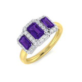 18K Yellow Gold Natural Diamond Three Stone Halo Amethyst Gemstone Engagement Ring