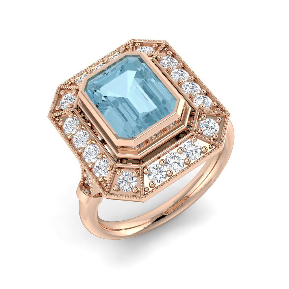 Rose Gold Aquamarine Milgrain Diamond Ring