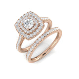 Rose gold ring with diamond accents on a white background