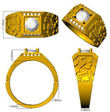 Gold ring with detailed design and measurements on a white background