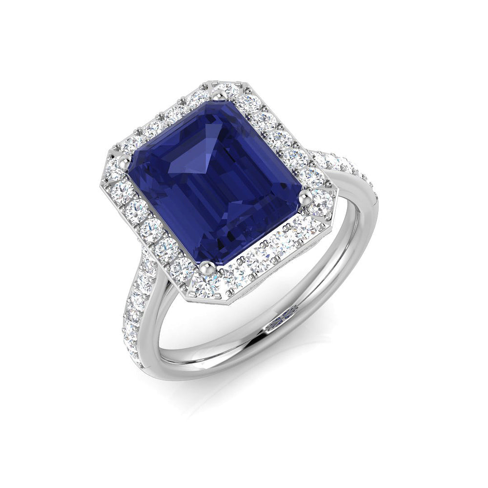 Emerald Cut Blue Sapphire Halo Ring
