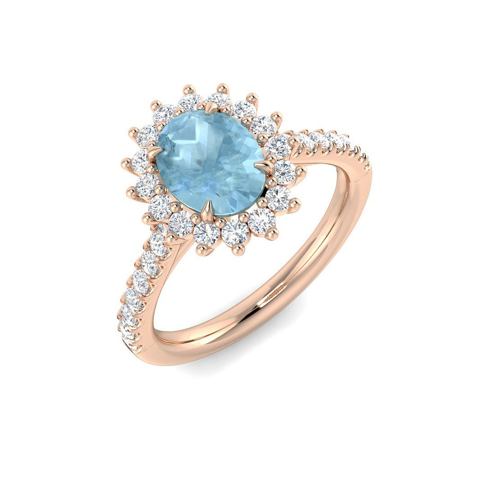 Rose Gold Oval Cut Aquamarine Ring with Pave Diamond Band