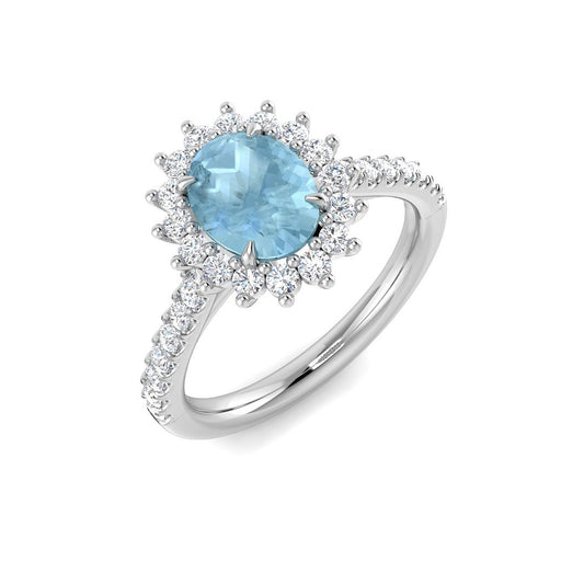 Oval Cut Aquamarine Ring with Diamond Cluster Halo in White Gold