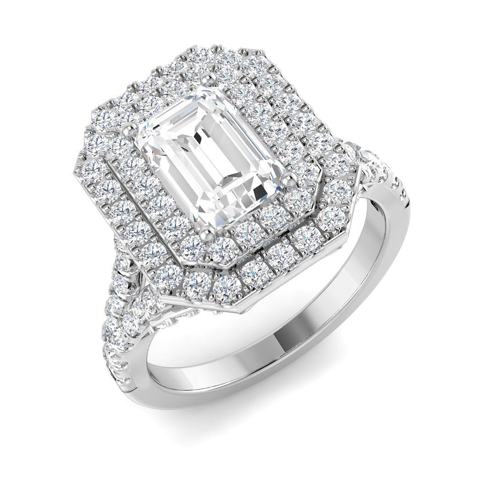 Lab Grown Round & Emerald Cut Diamond Halo Engagement Ring