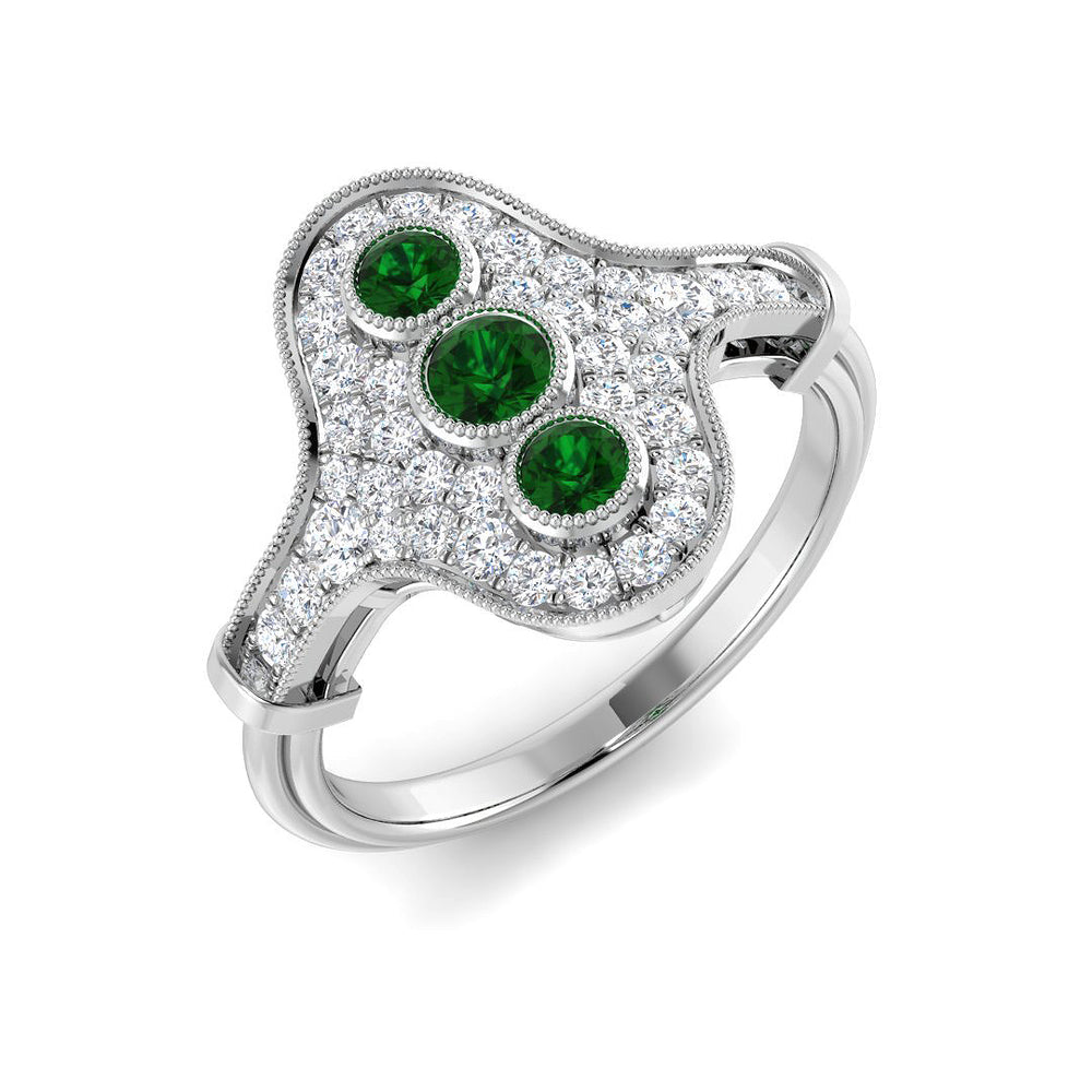 Trio Set Emerald Diamond Halo Ring with Milgrain Detail