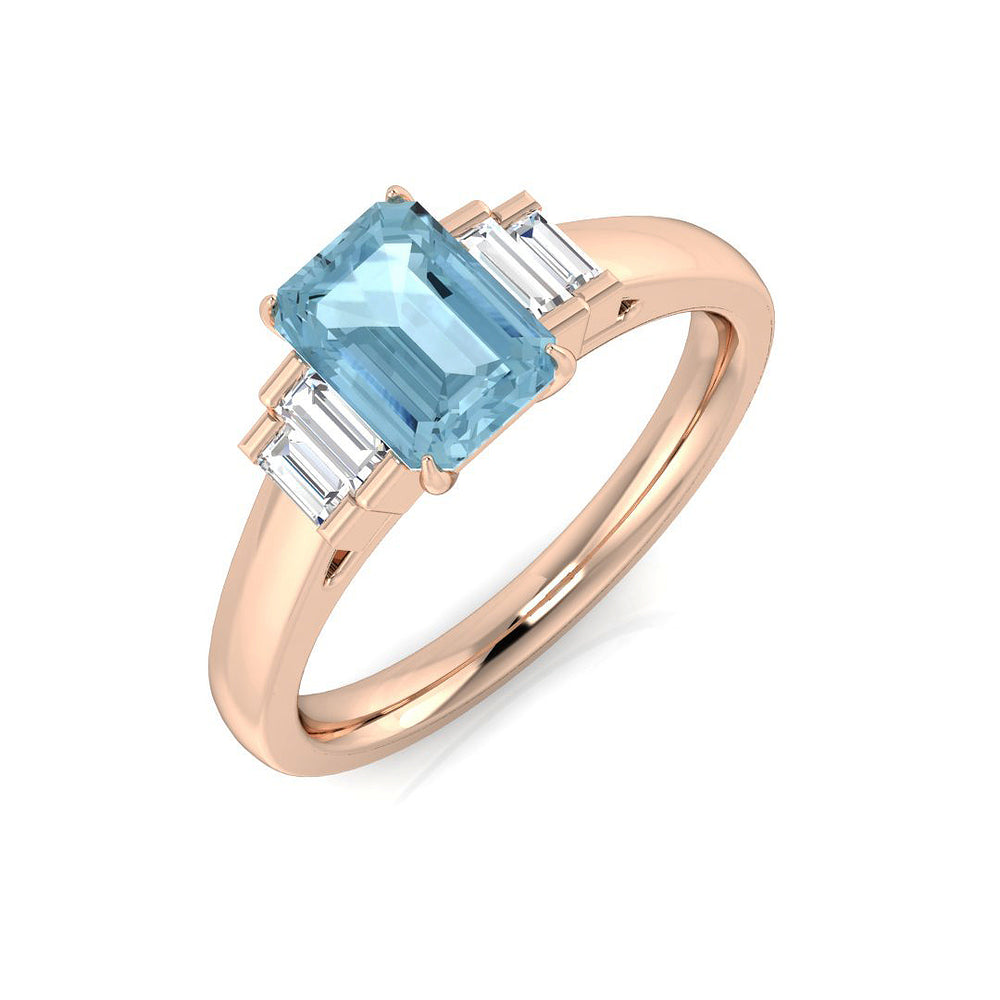 Rose Gold Emerald Cut Aquamarine Ring with Baguette Diamonds