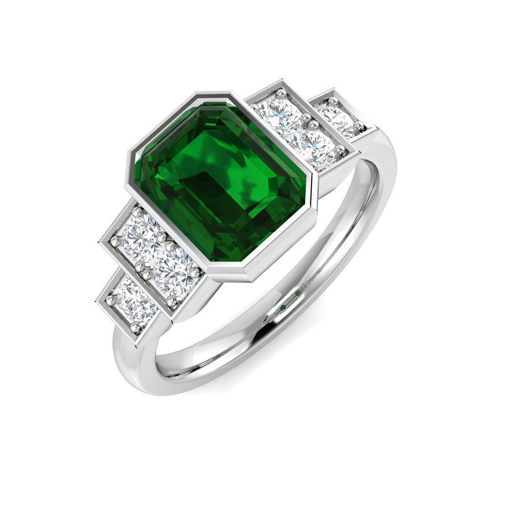 Emerald Cut Bezel Set Diamond Ring with Pave Band
