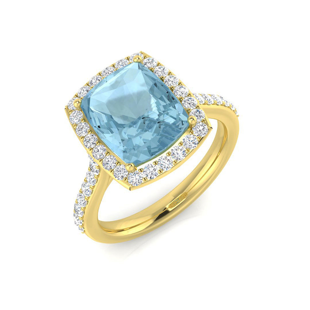Yellow Gold Aquamarine Cushion Cut Diamond Halo Engagement Ring