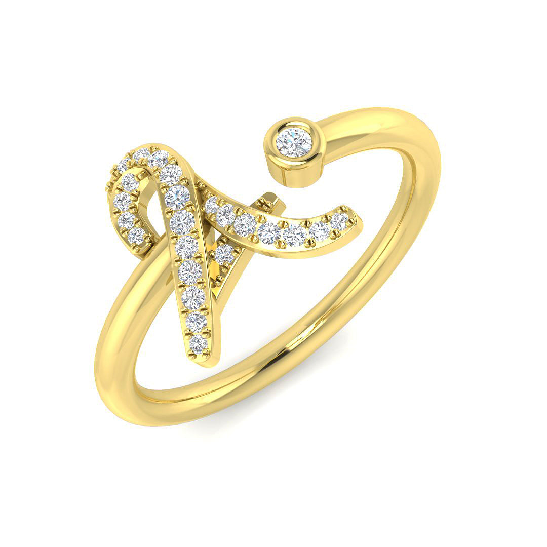 0.12 Carat Round Diamond Micro Pavé & Bezel Script Letter A Initial Ring