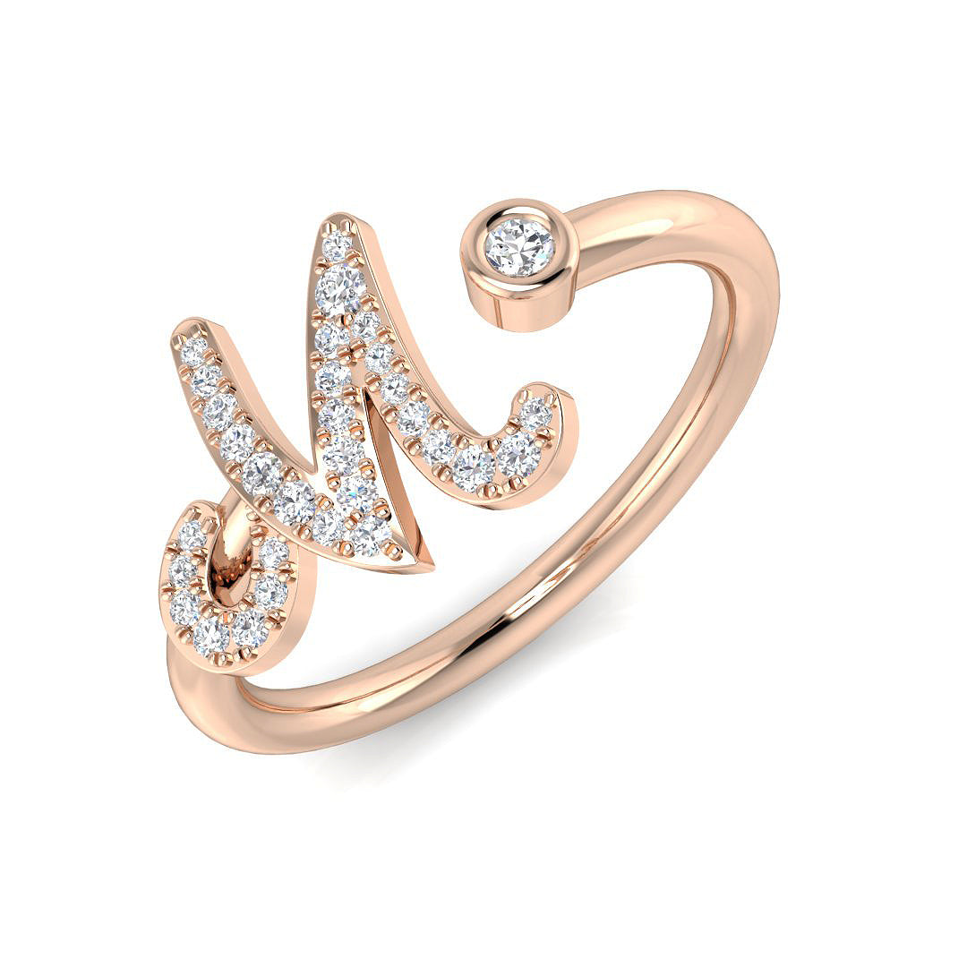 0.12 Carat Round Diamond Micro Pavé & Bezel Script Letter M Initial Ring