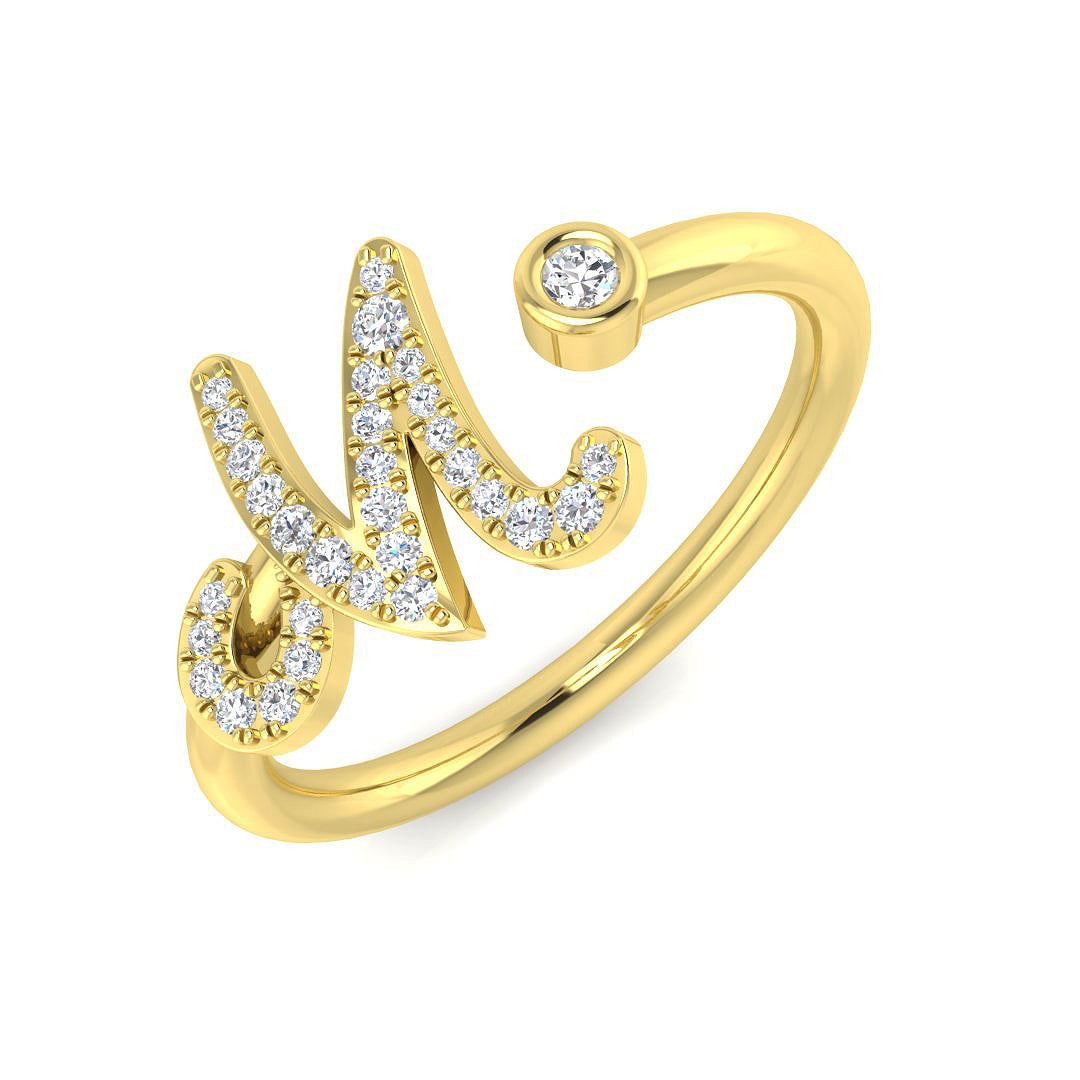 0.12 Carat Round Diamond Micro Pavé & Bezel Script Letter M Initial Ring