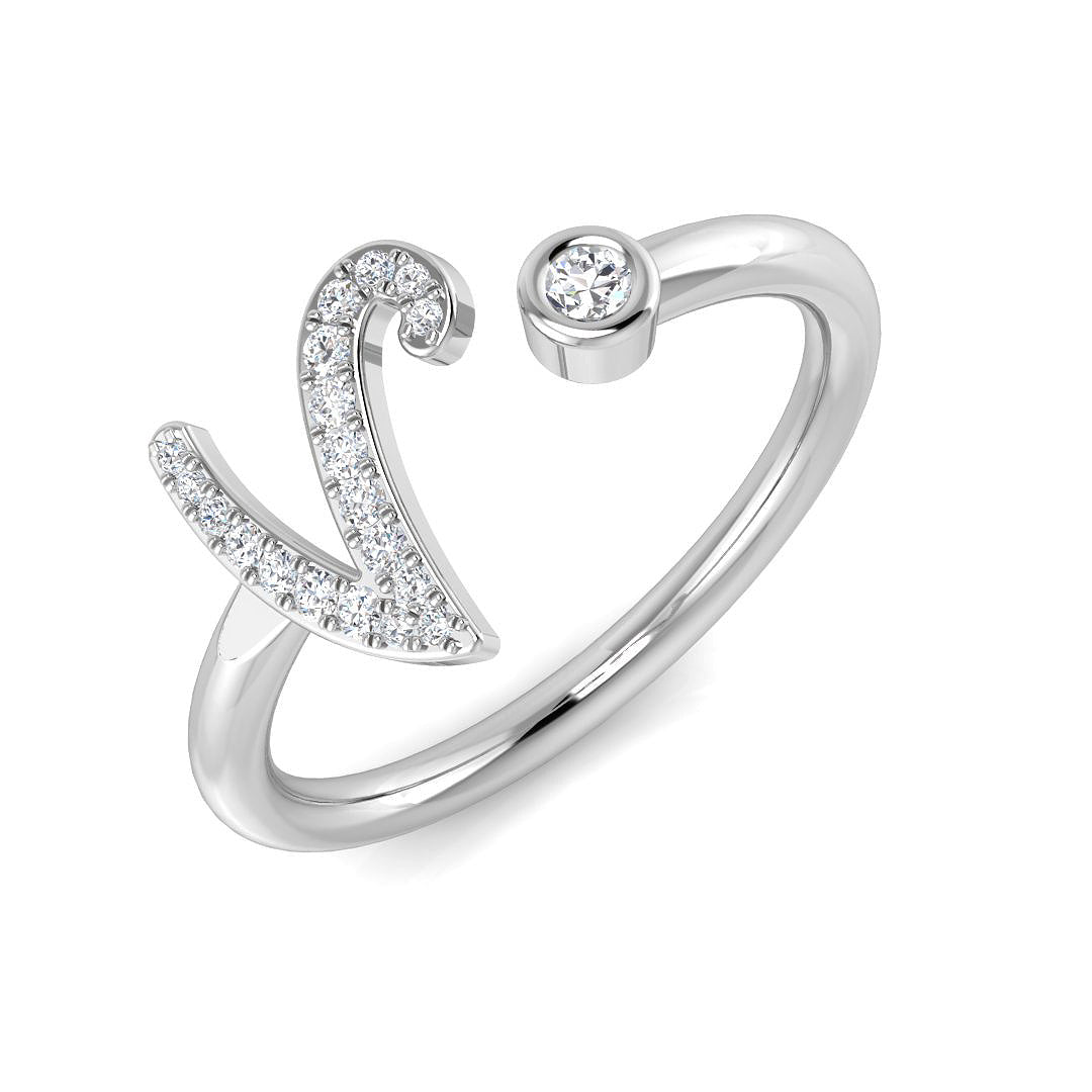 0.11 Carat Round Diamond Micro Pavé & Bezel Script Letter V Initial Ring