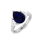 Pear Cut Blue Sapphire Ring with Trillion Cut Side Stone Trilogy Ring | UK Hallmarked