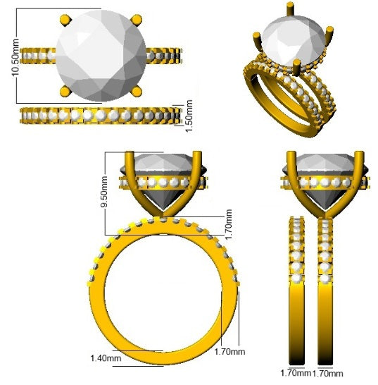 Gold ring with diamond measurements on a white background