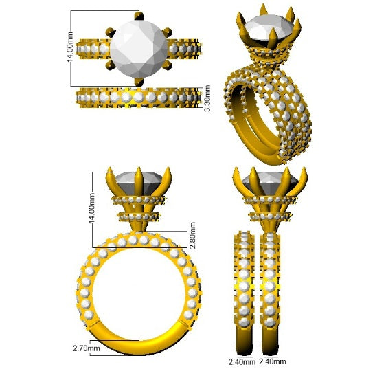 Gold and silver ring with measurements on a white background
