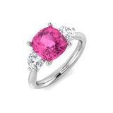 Pink Sapphire Ring, Cushion Cut Sapphire Ring, Three Stone Ring