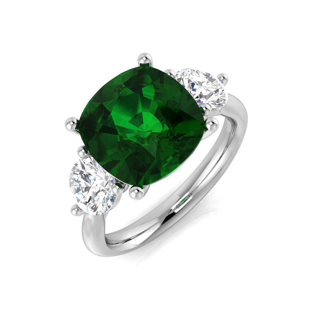 Cushion Cut Emerald Ring with Diamond Side Stones