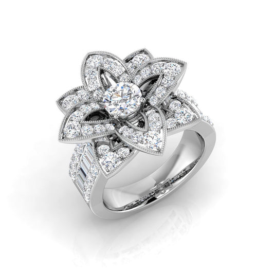 Floral Design Diamond Engagement Ring | Round & Baguette Diamonds