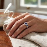 Premium Platinum Natural Round Diamond with Gemstone Halo 3 Stone Ring | Fine Jewellery
