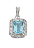 9K White Gold Bezel Set Solitaire Blue Topaz & Natural Diamond November Pendant