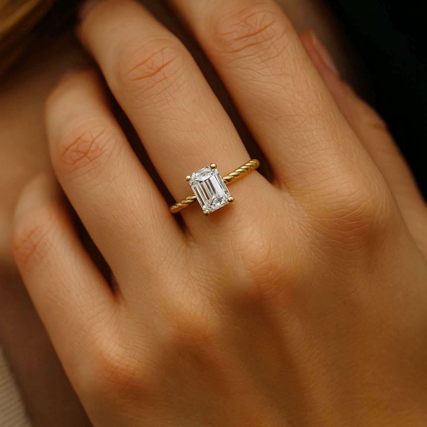 IGI Lab-Grown D-VVS Emerald Cut Diamond Twisted Band 4-Prong Solitaire Engagement Ring.