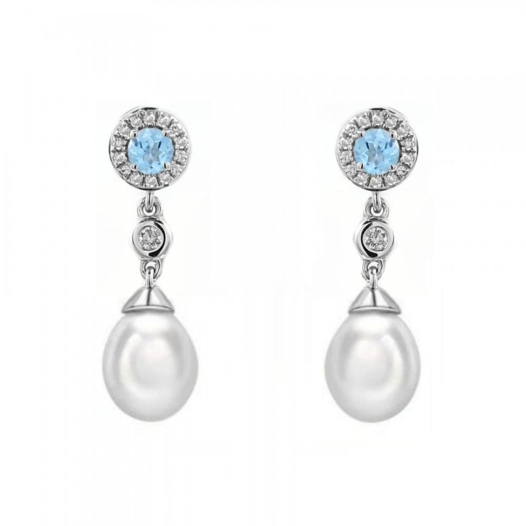 0.50Ct Round and Diamond Pearl Drop Earring Studded with Blue Topaz in Gold