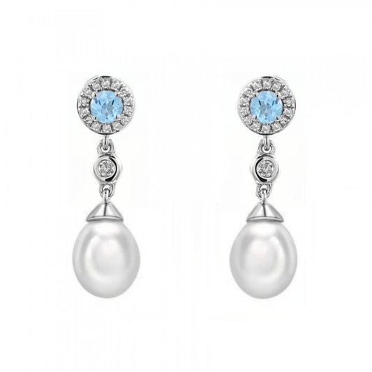 0.50Ct Round and Diamond Pearl Drop Earring Studded with Blue Topaz in Gold