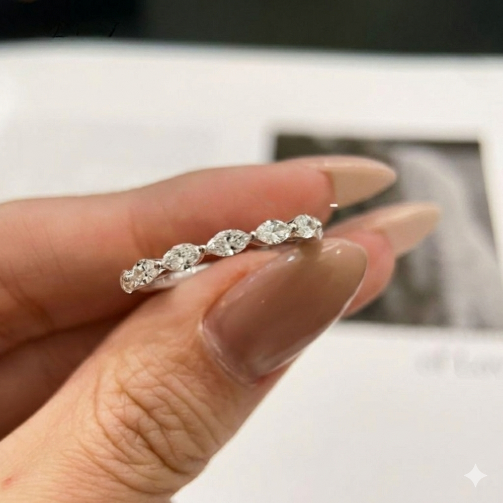 9K white gold diamond ring, Lab grown marquise diamond ring