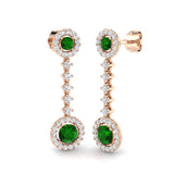 Round Cut Emerald Halo Drop Earrings with Prong Set Emerald and Diamond Halo Rose Gold